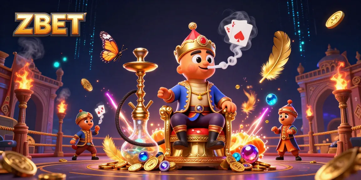 Engaging ZBET experience featuring a hookah-master caterpillar, poker symbols, and casino elements.