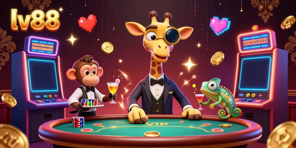 Join the exciting action at lv88, featuring a high-roller giraffe at a VIP poker table amidst vibrant slot machines.