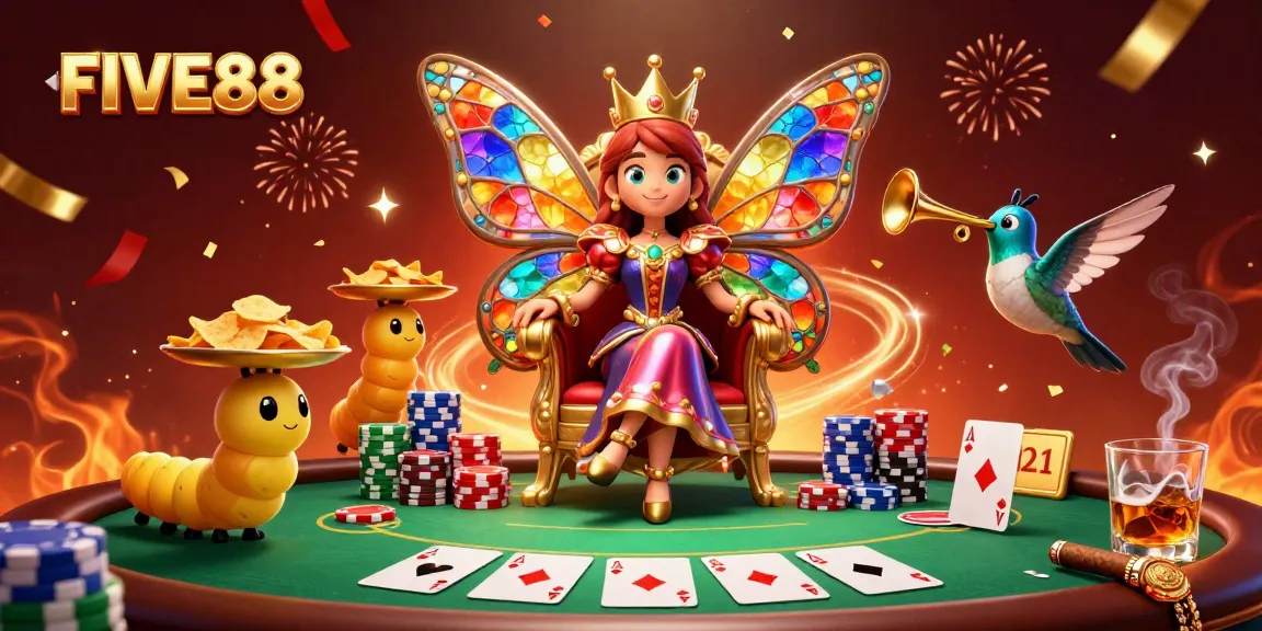 Join the exciting world of FIVE88 as colorful characters navigate a vibrant casino scene.
