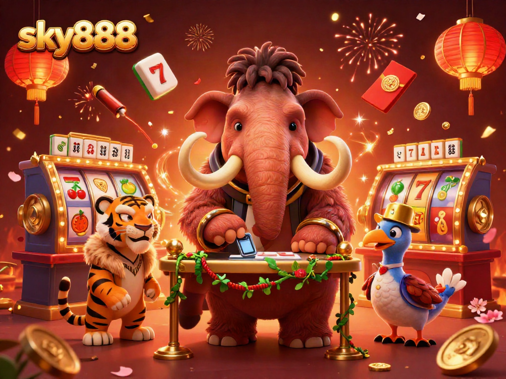 Experience excitement at sky888 with vibrant casino bouncers, VIP guests, and dynamic slot elements.