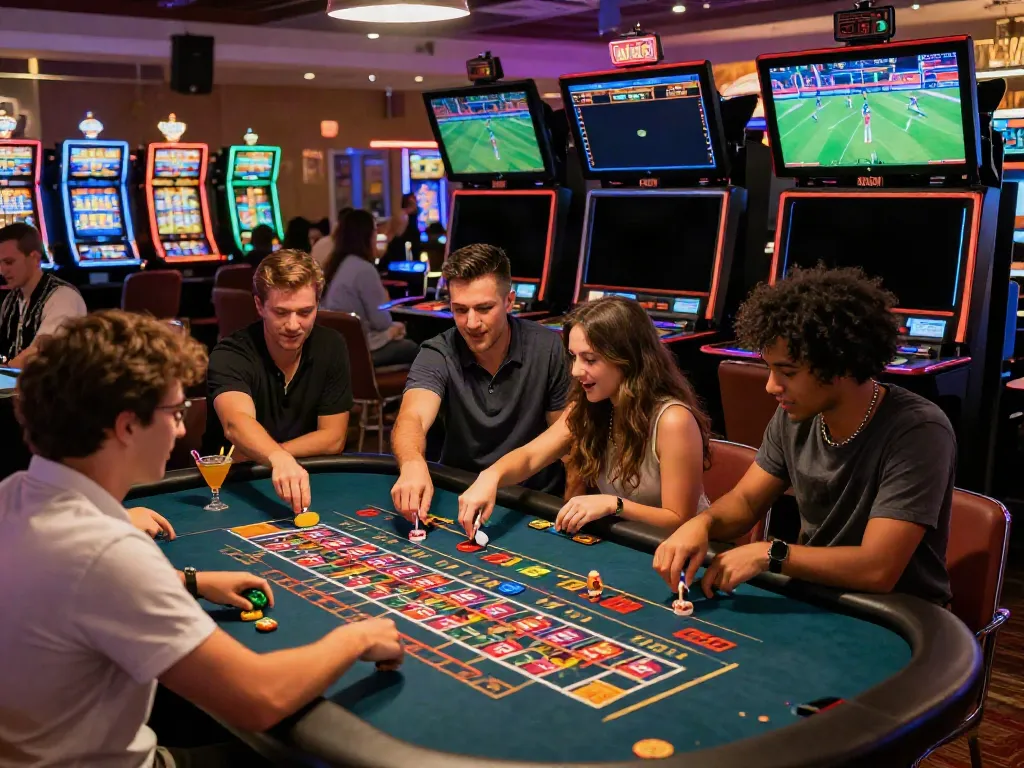 Dynamic online gambling experience at RED88, with friends engaged in betting excitement.