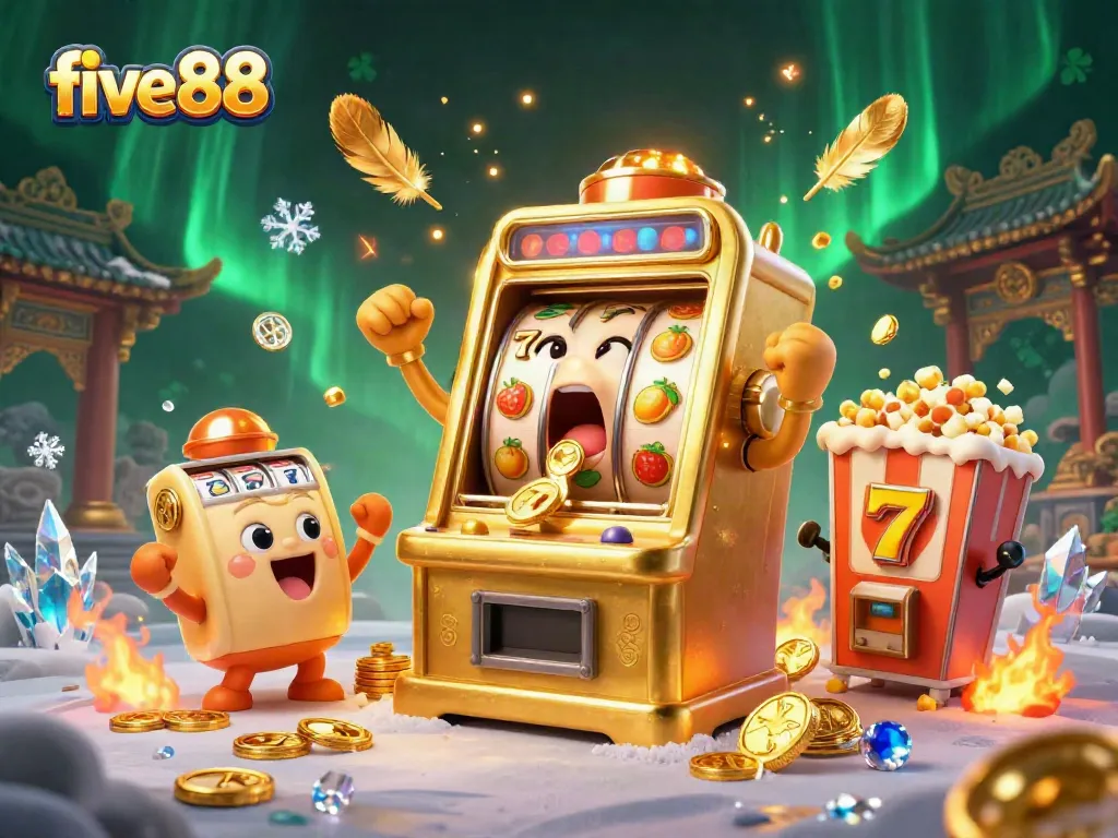 Five88 slot machine wins huge jackpot, triggering coins and gold in vibrant casino scene.