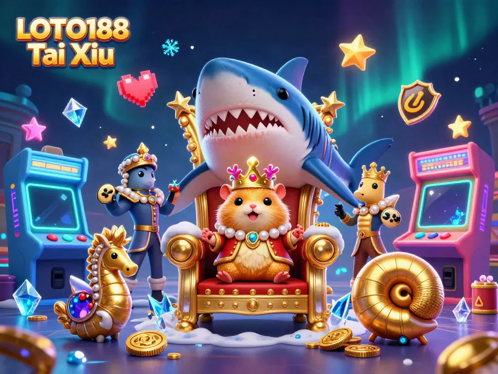 Experience LOTO188 Tai Xiu adventure with dynamic illustrations of a golden hamster king and arcade games.
