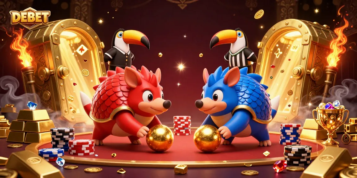 DEBET pangolins compete in a dazzling casino scene, rolling golden balls amid poker chips.