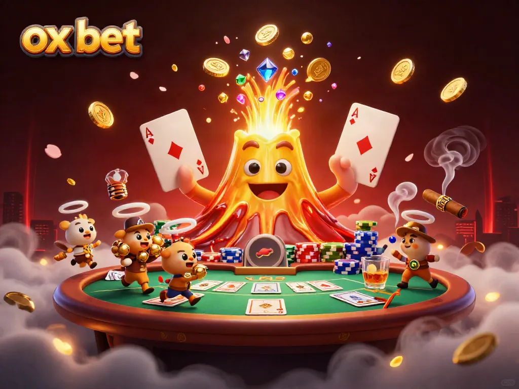 Experience the excitement of ox bet with a vibrant 3D scene of a golden volcano erupting treasure amidst a lively poker table.