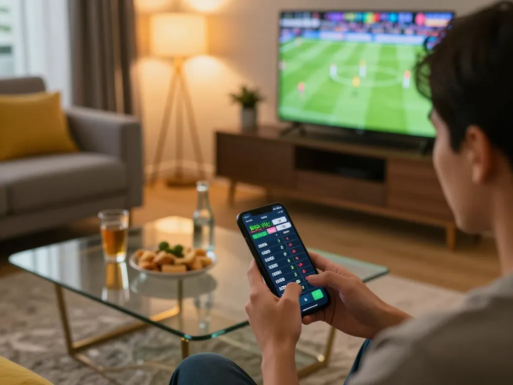 Engaged bettor analyzing kèo nhà cái odds on mobile during a live football match
