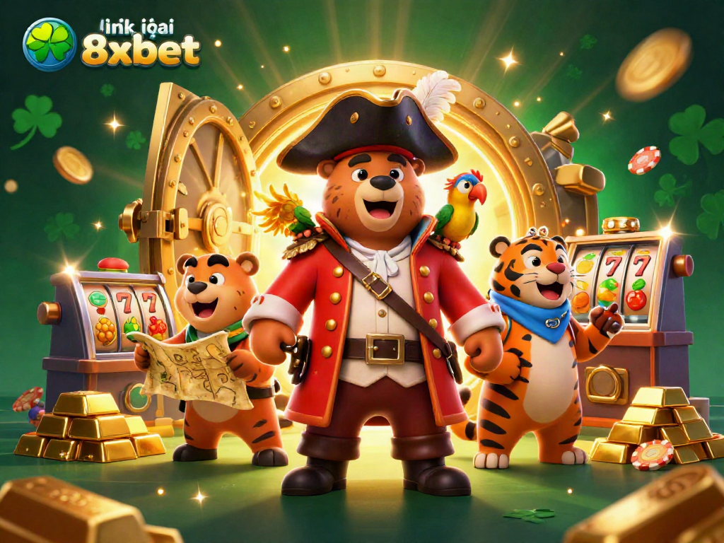 Spin to victory with link vào 8xbet, featuring a pirate captain bear and treasure-filled casino scene.