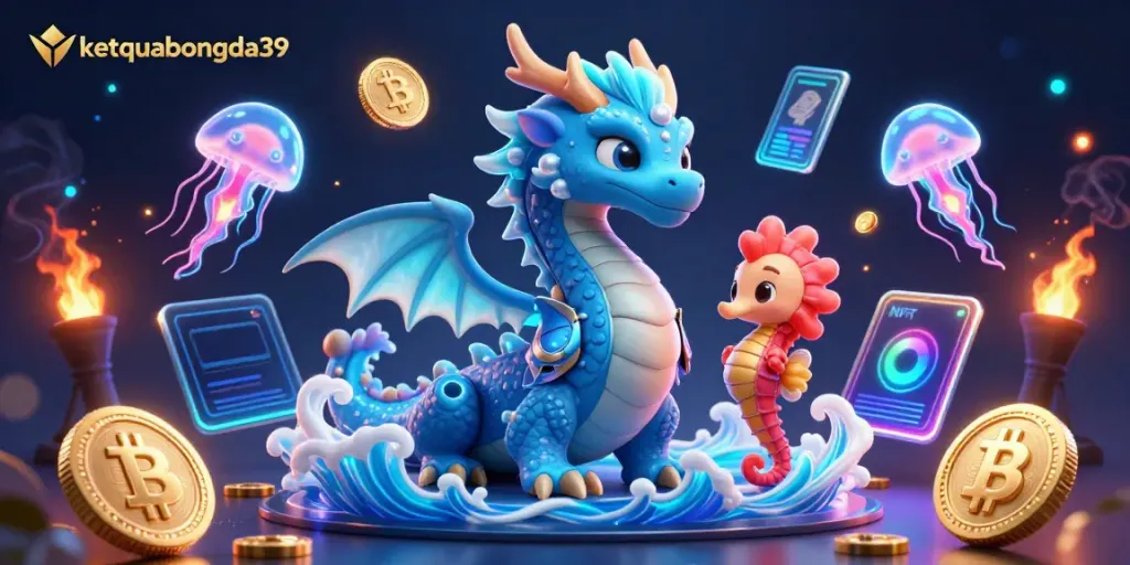 Engage with the vibrant fantasy scene featuring the azure dragon and seahorse knight in the magical world of ketquabongda39's gambling platforms.
