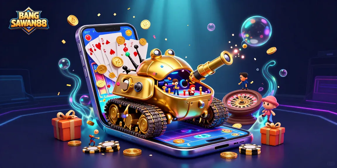 BANGSAWAN88 players enjoying a vibrant casino atmosphere in a golden beetle tank, celebrating with slots and roulette.