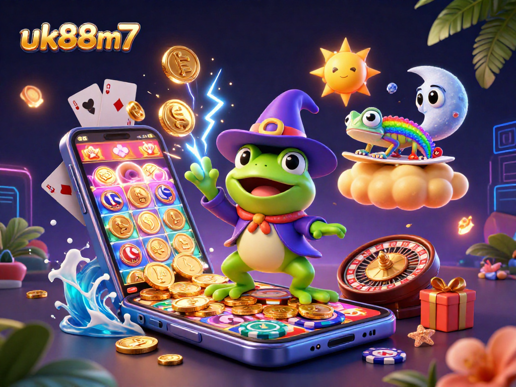 Chase excitement with the uk88m7 golden coin storm in this vibrant 3D casino scene.