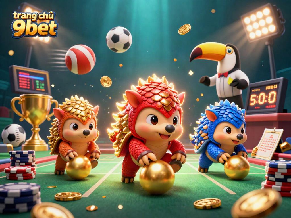 Check out an action-packed scene featuring rival pangolins and sports elements at trang chủ 9bet, illustrating casino excitement.