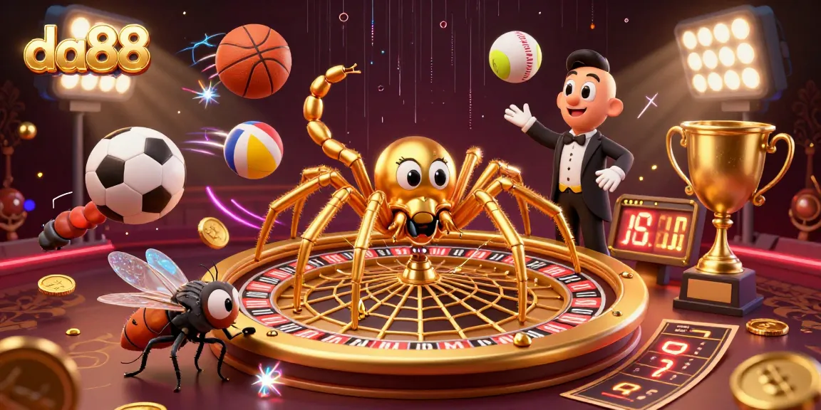 Experience the vibrant betting scene with da88, featuring a golden spider, a centipede croupier, and dynamic sports elements.