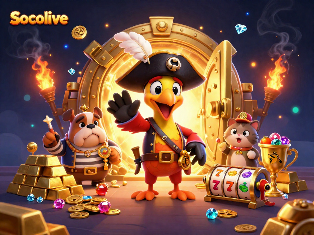 Socolive showcases an adventurous scene with a pirate captain and friends amidst slot machines and treasures.
