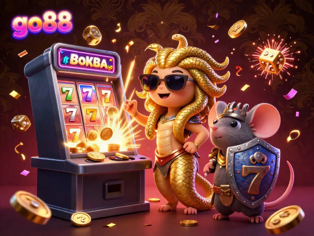 Win big with go88, featuring dynamic characters and exciting casino elements in a vibrant scene.