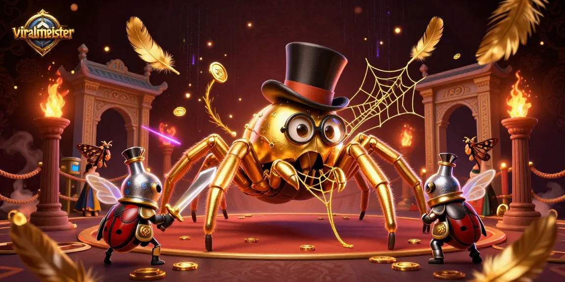 Experience the thrill of gambling at viralmeister with a golden tarantula and knight in a rich casino scene.