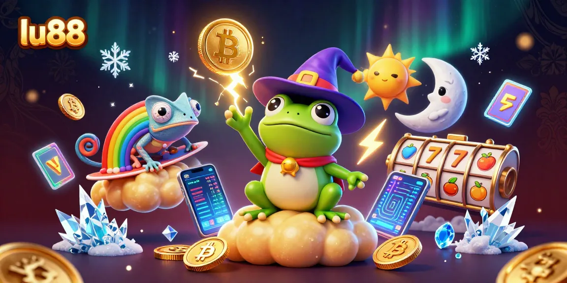 lu88 showcases 3D illustration of a wizard frog and chameleon in a vibrant casino scene.