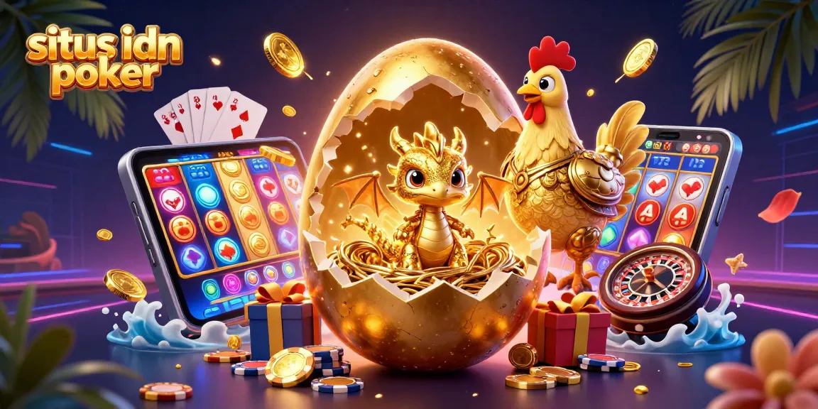 Gambarkan situs idn poker dengan ilustrasi 3D telur emas yang pecah, menampilkan naga emas dan chip poker.