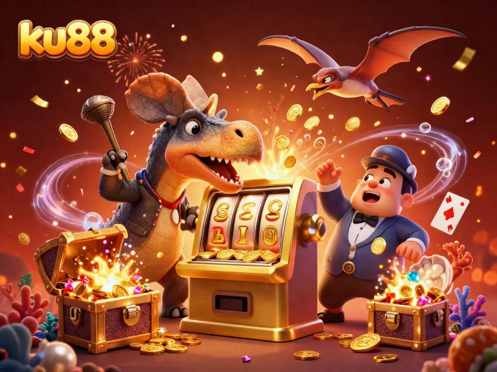 ku88 animates excitement with a dinosaur hitting a slot machine, spilling gold coins in a vibrant casino.