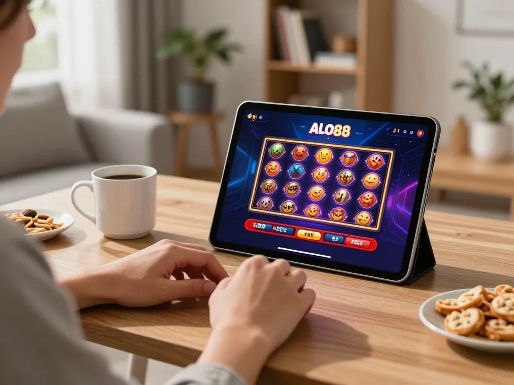 Person engaged with alo88 app while enjoying cozy home gaming atmosphere.