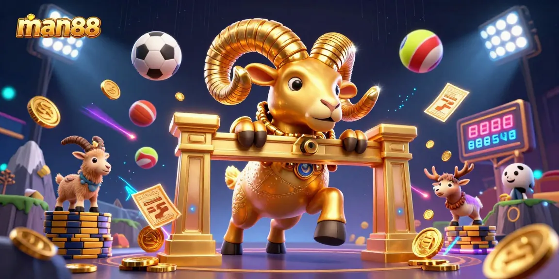 man88 illustrates dynamic sports betting action with a golden ram, sports balls, and bright lights