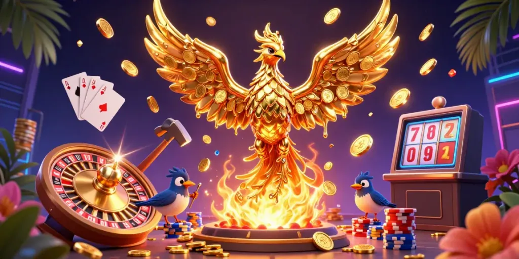 Experience the exciting c168 games with a molten metal phoenix and vibrant casino elements.