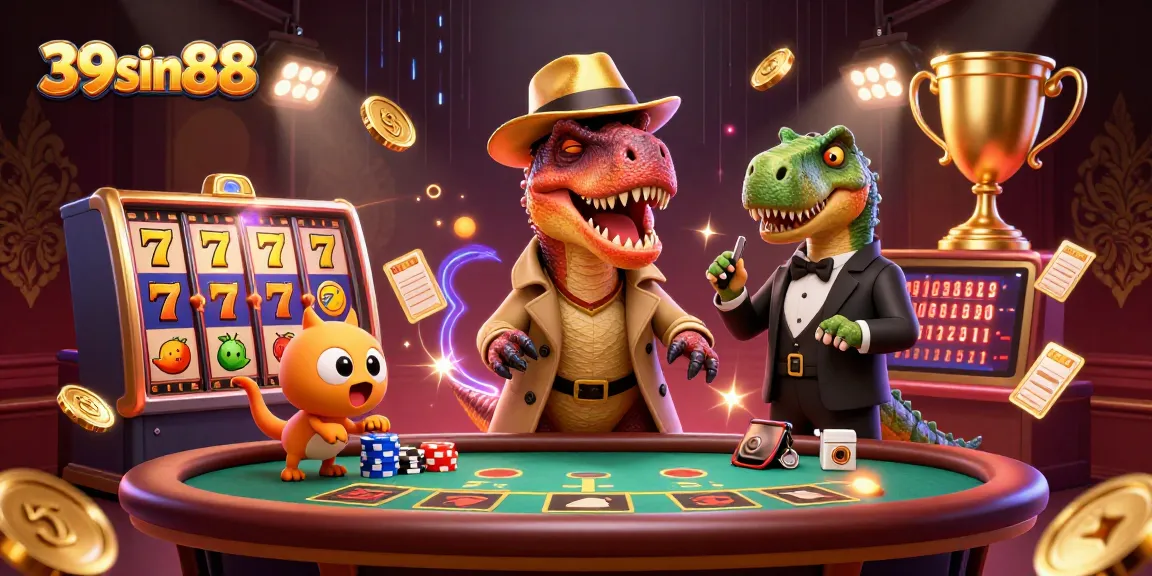 39sin88 reveals a lively casino scene with cartoon dinosaurs at a blackjack table, bringing charm and fun.