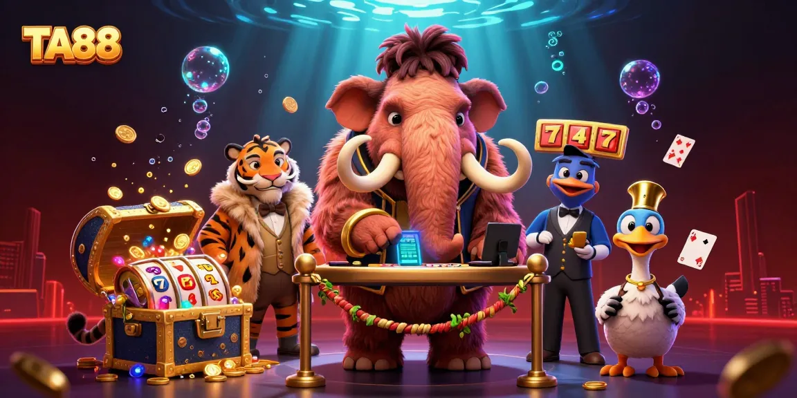 TA88 vibrant casino scene with a woolly mammoth bouncer, VIP saber-tooth tiger, and doorman dodo bird.