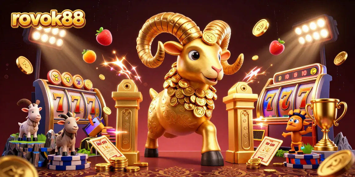 Experience the thrill of rokok88 with a golden ram charging through a vibrant slot game scene.