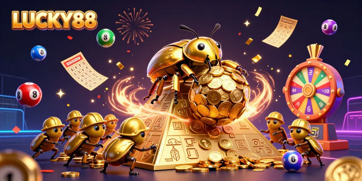 Engage with LUCKY88 and win big as cartoon beetles roll in golden coins and lottery fun!