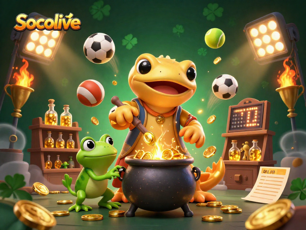 Socolive showcases a vibrant 3D scene of gold alchemy with sports elements, enhancing dynamic sports betting excitement.
