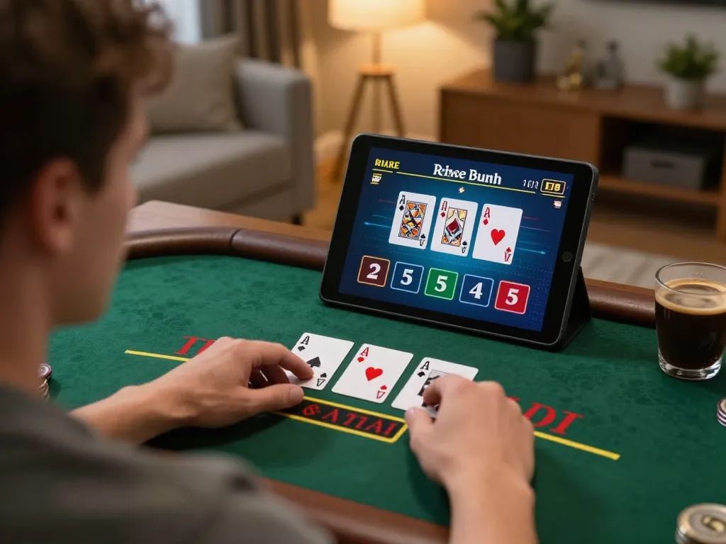 MM88 player enjoying live dealer blackjack from home, focusing on an immersive online gaming experience.