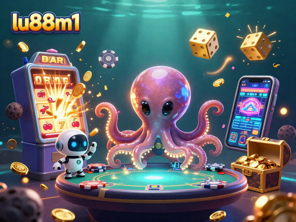 Play with the lu88m1 alien octopus at a holographic poker table in a vibrant 3D illustration.