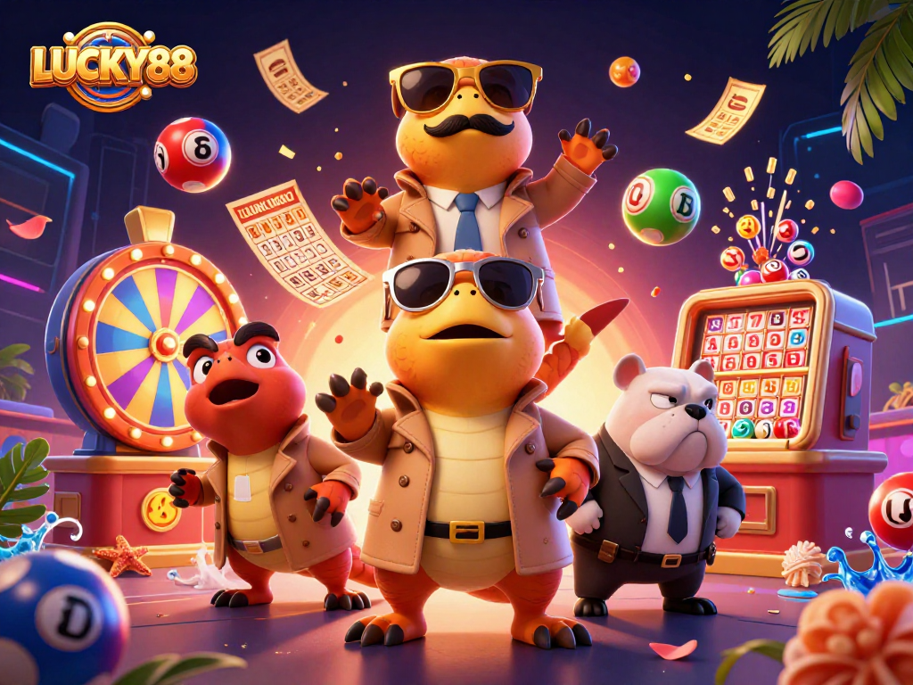 LUCKY88 raptors embark on a thrilling casino adventure, surrounded by colorful lottery elements.