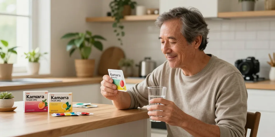 Kamagra Oral Jelly: Muž v pohodlném domácím prostředí užívá gel pro zlepšení sexuálního zdraví