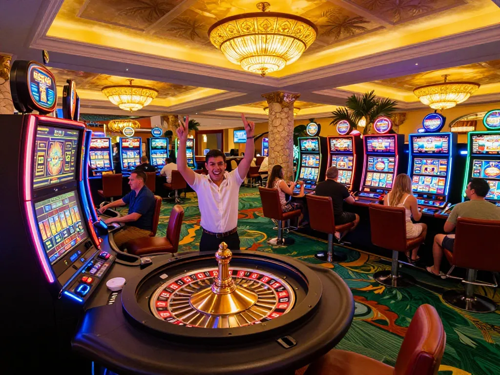 Engaged players at the slot machines and roulette table in the vibrant casino atmosphere showcasing 79KING excitement.