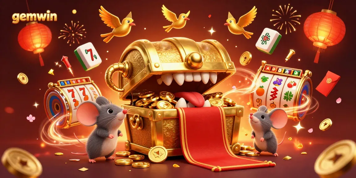 Win big with gemwin in a vibrant, exciting casino scene filled with colorful slot elements.