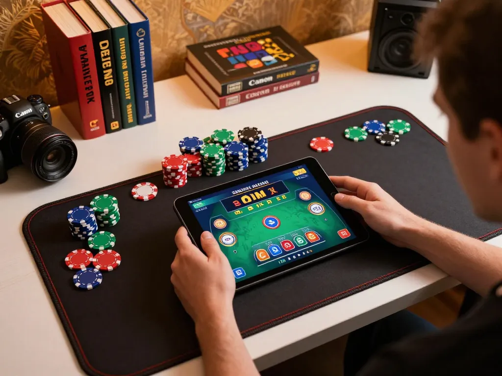 Engaged player using OK365 app for casino gaming on a tablet, colorful chips and gambling strategy books visible.