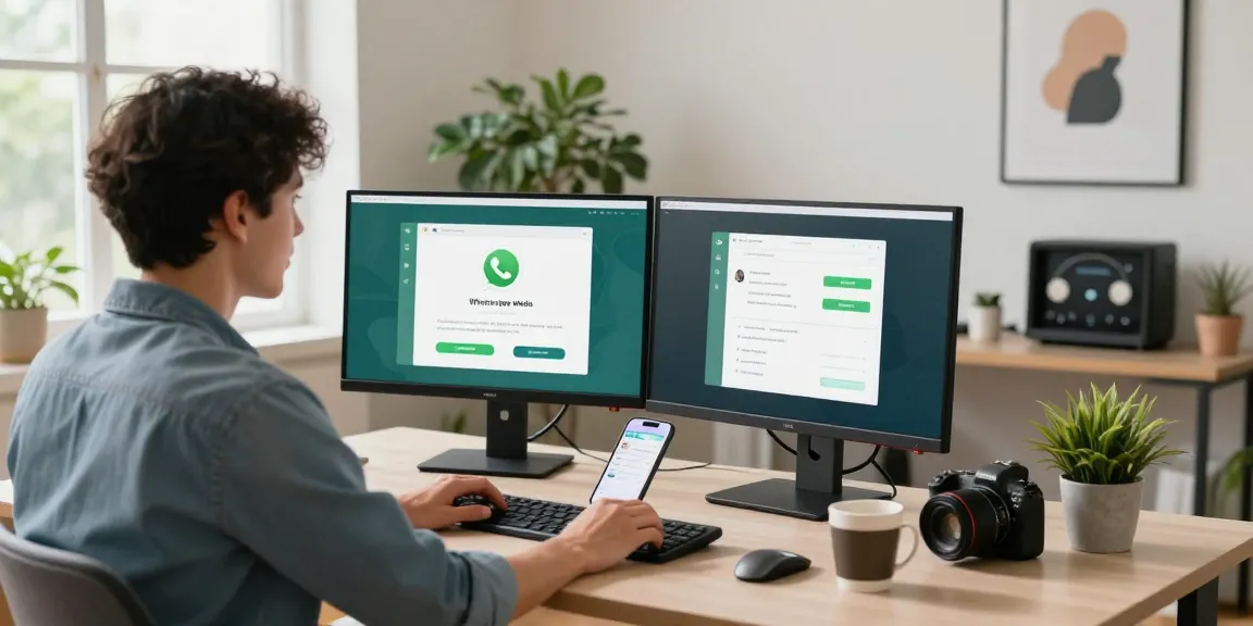 Engaged professional using WhatsApp網頁版 on dual monitors in a stylish home office.
