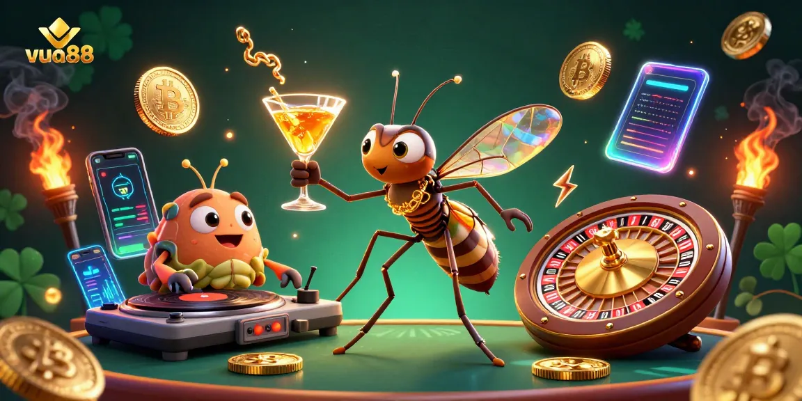Experience the excitement of vinna88 with a dynamic casino mascot scene featuring a frozen mosquito, trilobite DJ, and golden roulette wheel.
