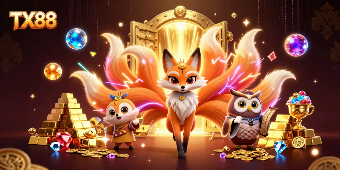 Experience the captivating magic of TX88 with a vibrant 3D casino illustration showcasing enchanting characters and treasures.