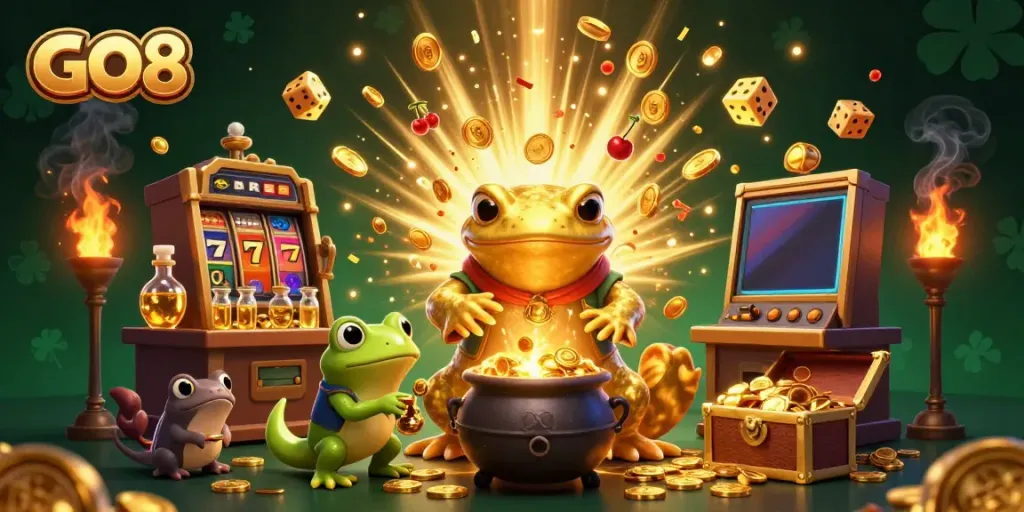 Engage in thrilling gameplay with GO8, featuring a golden salamander alchemist and jackpot-winning slot machine.