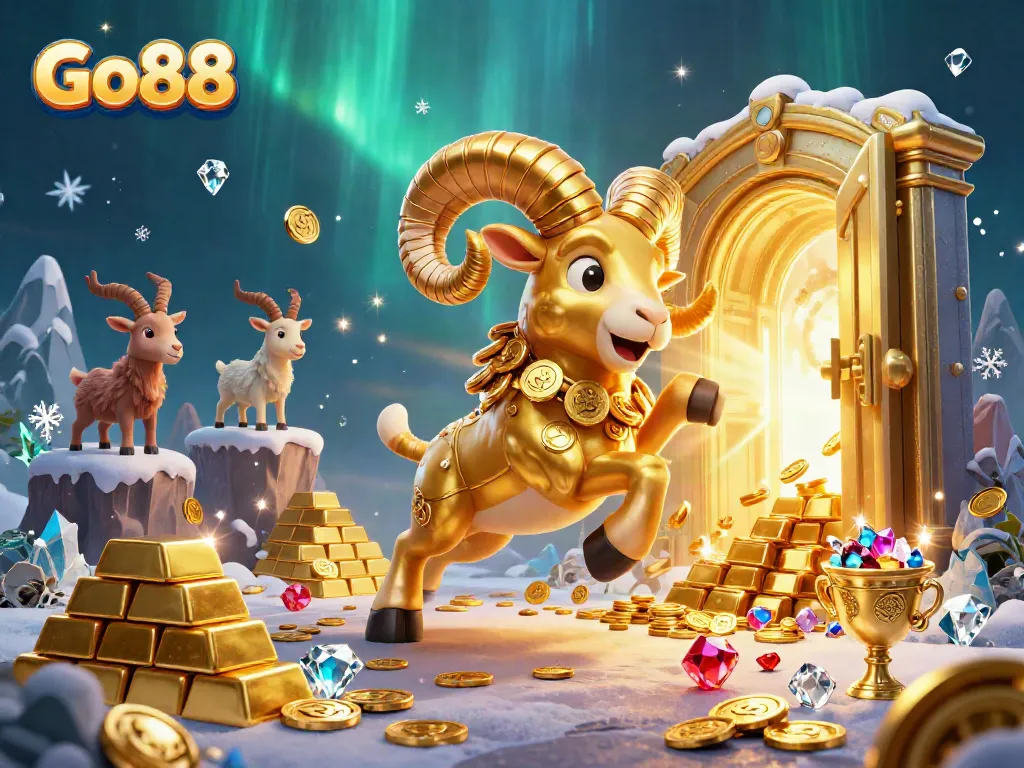 Engage with Go88's vibrant gaming scene featuring golden treasures and animated playful characters.