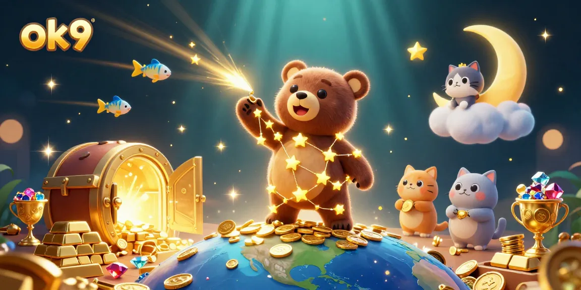 Experience the excitement of ok9 as the constellation bear scoops up coins amidst a vibrant gambling scene.