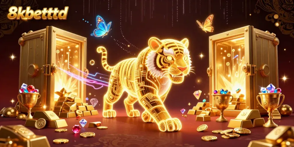 Experience the thrill of 8xbetttbd with a vibrant casino landscape, golden treasures, and a neon tiger in a dazzling 3D illustration.