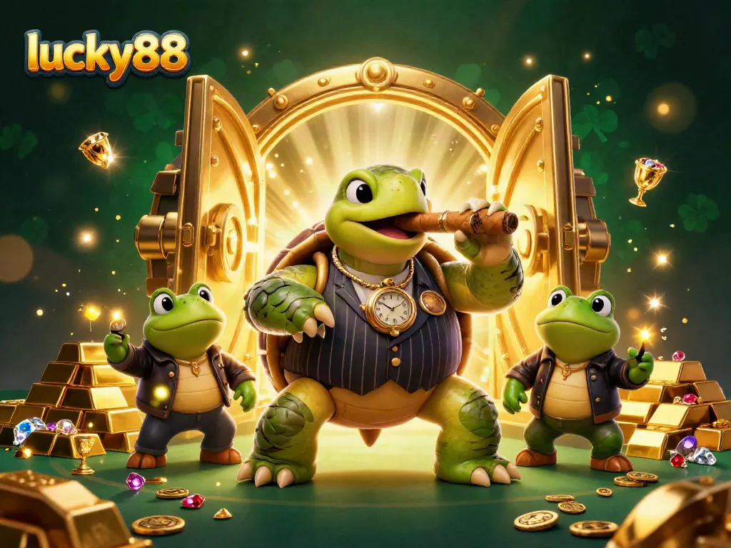 Experience the thrill of lucky88 with a vibrant illustration of a turtle mobster and bullfrog enforcers on a casino floor.