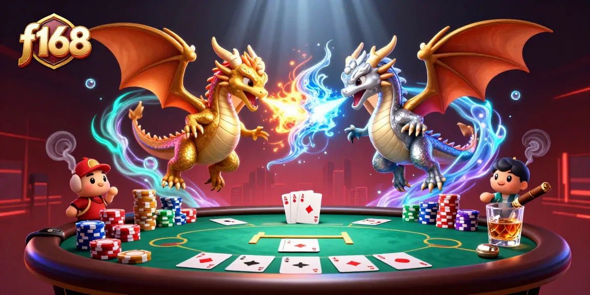 Engage in f168 casino action with gold and silver dragons amidst vibrant poker elements.