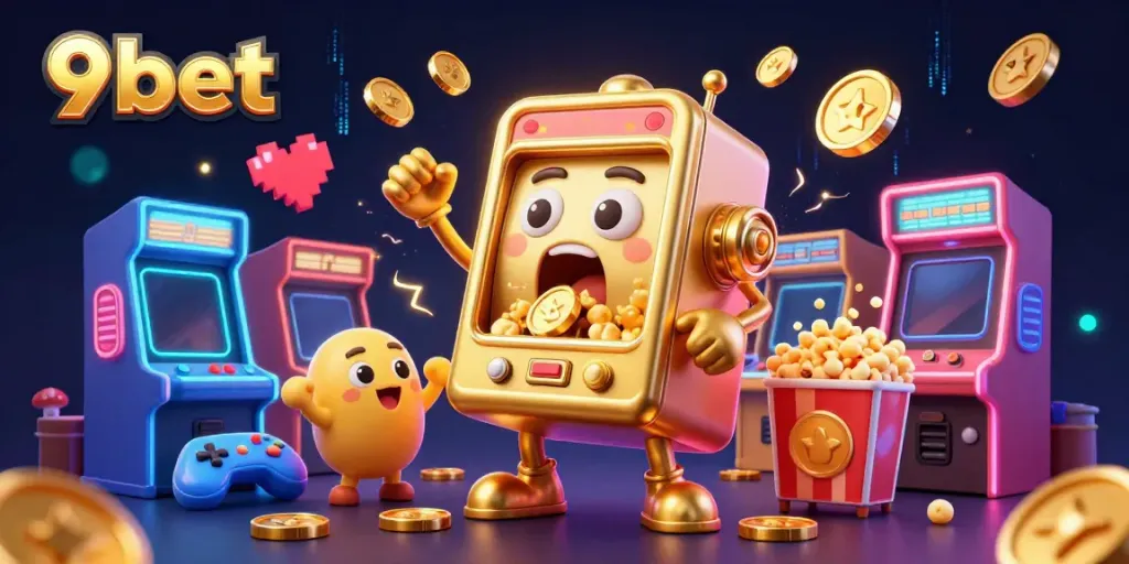 Experience the excitement of 9bet with a vibrant illustration showcasing a golden slot machine hitting a jackpot.