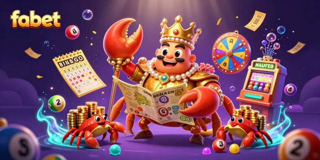 Fabet features a vibrant 3D scene with a golden crab emperor amidst lottery balls and casino elements.
