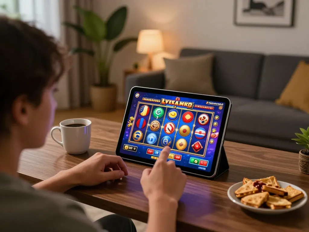 Engaging with slot games on tablet in a cozy RR88 online gaming setup