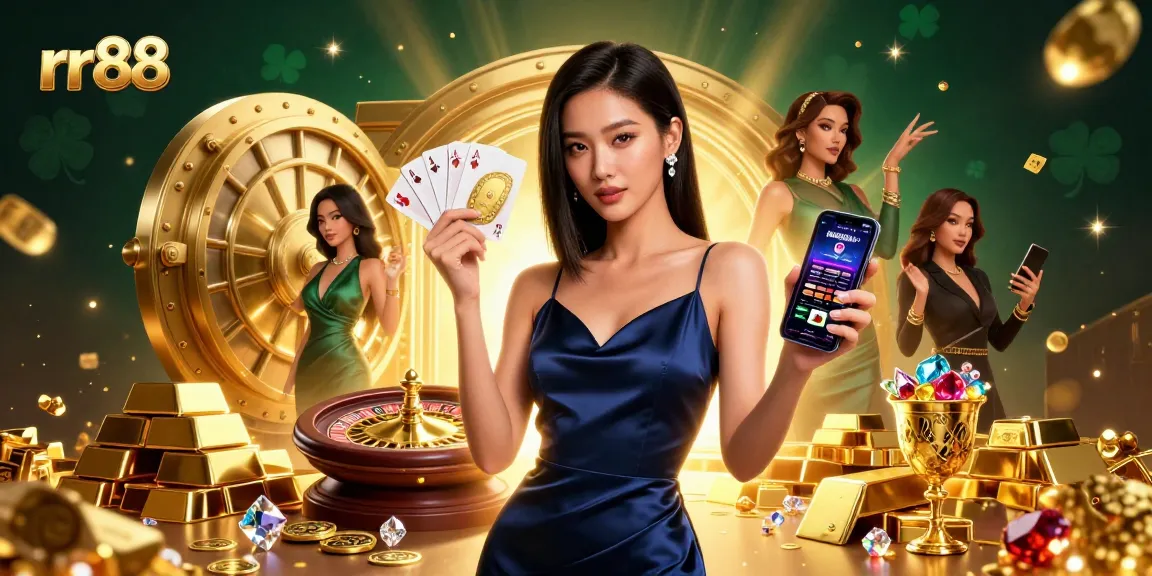 Engage in thrilling gambling at rr88, featuring elegant visuals of a confident woman holding a golden casino chip.